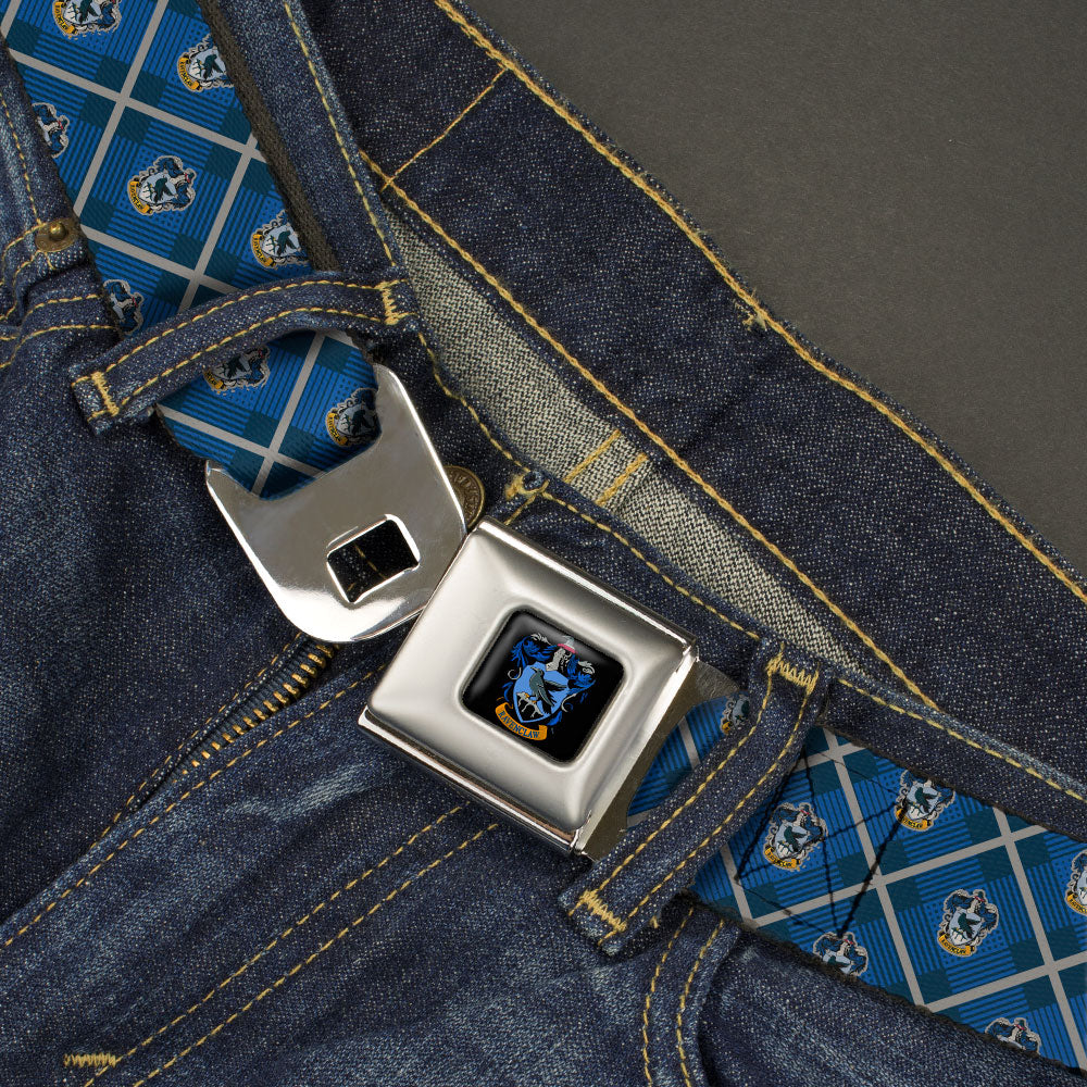 RAVENCLAW Crest Full Color Blue Seatbelt Belt - Harry Potter Ravenclaw Crest Plaid Blues/Gray Webbing