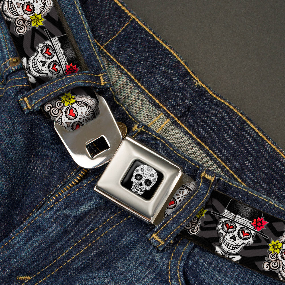 Sugar Skull Full Color Black/White/Gray Seatbelt Belt - Los Novios Black/Gray/White/Multi Color Webbing