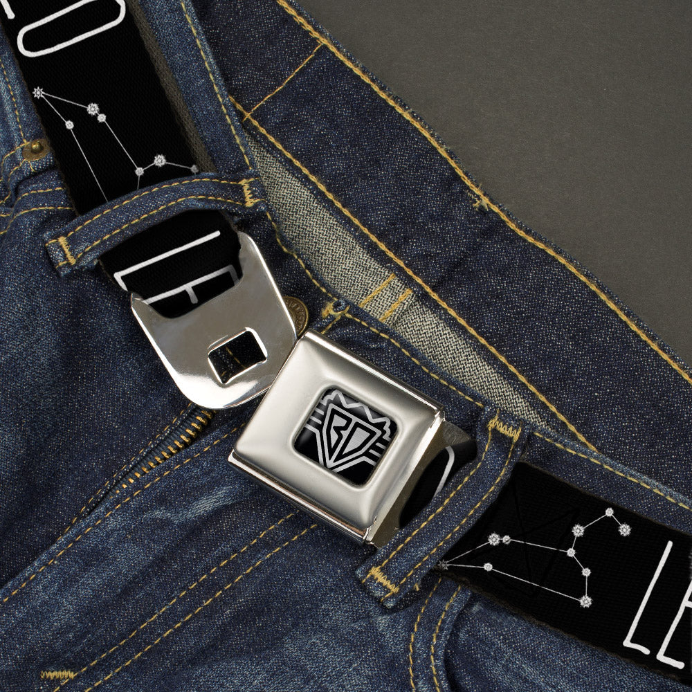 BD Wings Logo CLOSE-UP Full Color Black Silver Seatbelt Belt - Zodiac LEO/Constellation Black/White Webbing