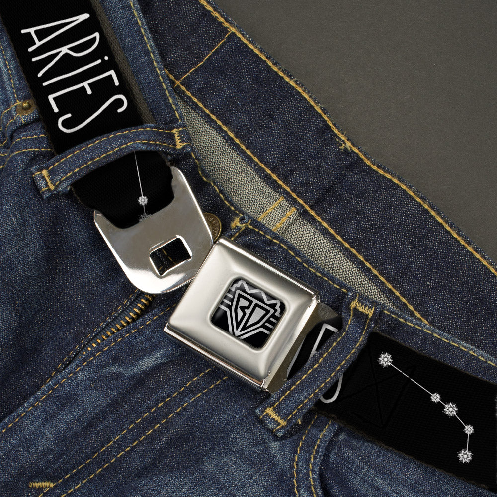 BD Wings Logo CLOSE-UP Full Color Black Silver Seatbelt Belt - Zodiac ARIES/Constellation Black/White Webbing
