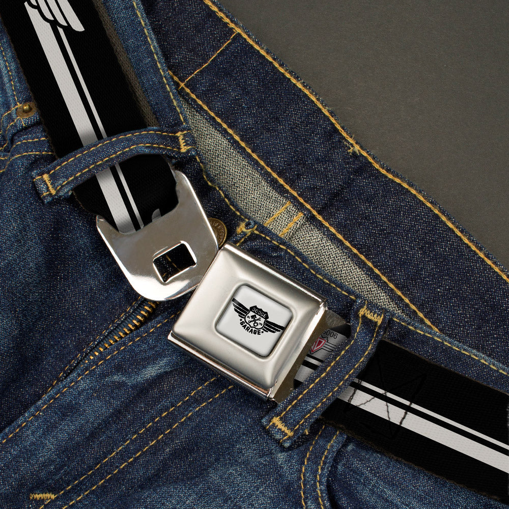 DODGE GARAGE Emblem Full Color Light Gray Black Seatbelt Belt - DODGE GARAGE Emblem Stripe Black/White Webbing