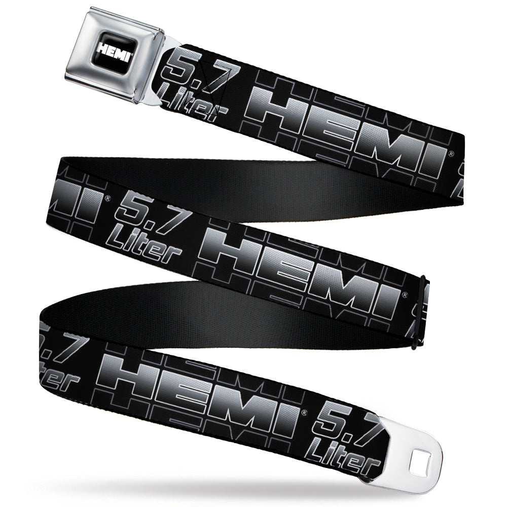 HEMI Bold Full Color Black/White Seatbelt Belt - HEMI 5.7 LITER Black/White/Silver-Fade Webbing