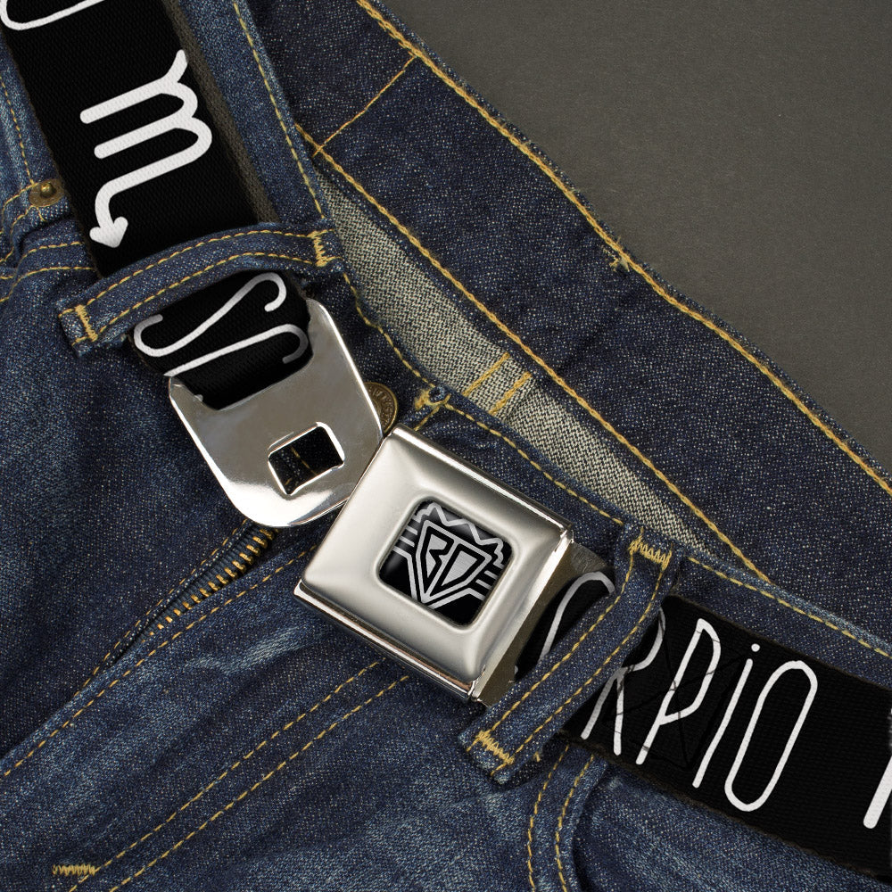 BD Wings Logo CLOSE-UP Full Color Black Silver Seatbelt Belt - Zodiac SCORPIO/Symbol Black/White Webbing
