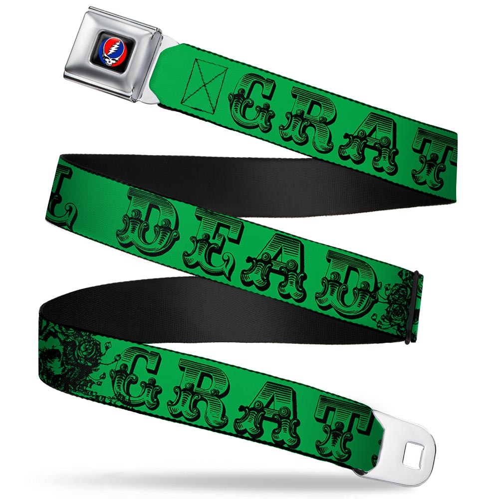 Steal Your Face Seatbelt Belt - Grateful Dead Text w/Skull & Roses Green Webbing