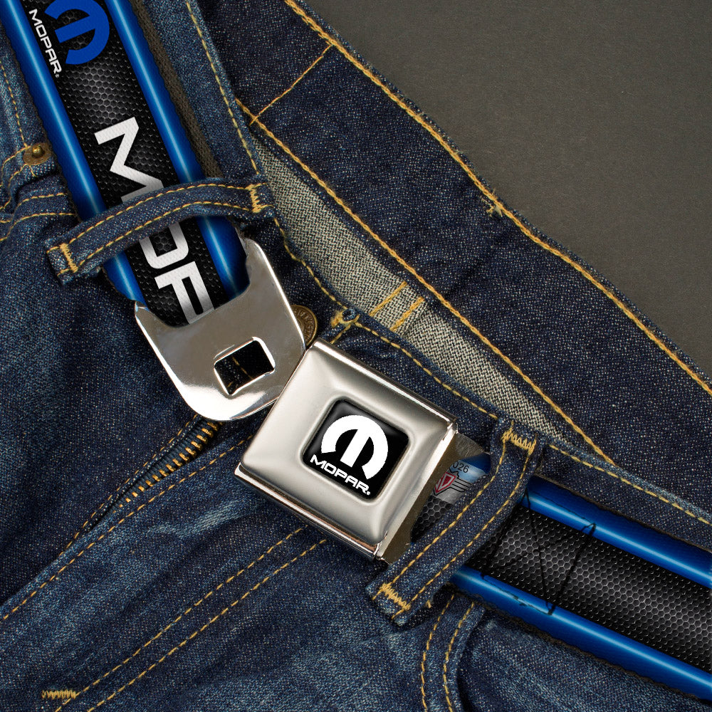 MOPAR Logo Full Color Black White Seatbelt Belt - MOPAR Text/Logo/Stripe/Grill Black/Grays/Blue Glow/White Webbing