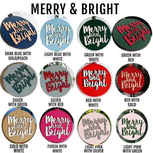 Merry & Bright Wooden Ornament 12 Colors Holiday Tree Decor Rustic Xmas