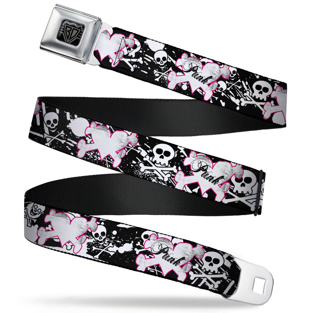 BD Wings Logo CLOSE-UP Full Color Black Silver Seatbelt Belt - Punk Heart & Cross Bones w/Skulls & Splatter Black/White Webbing