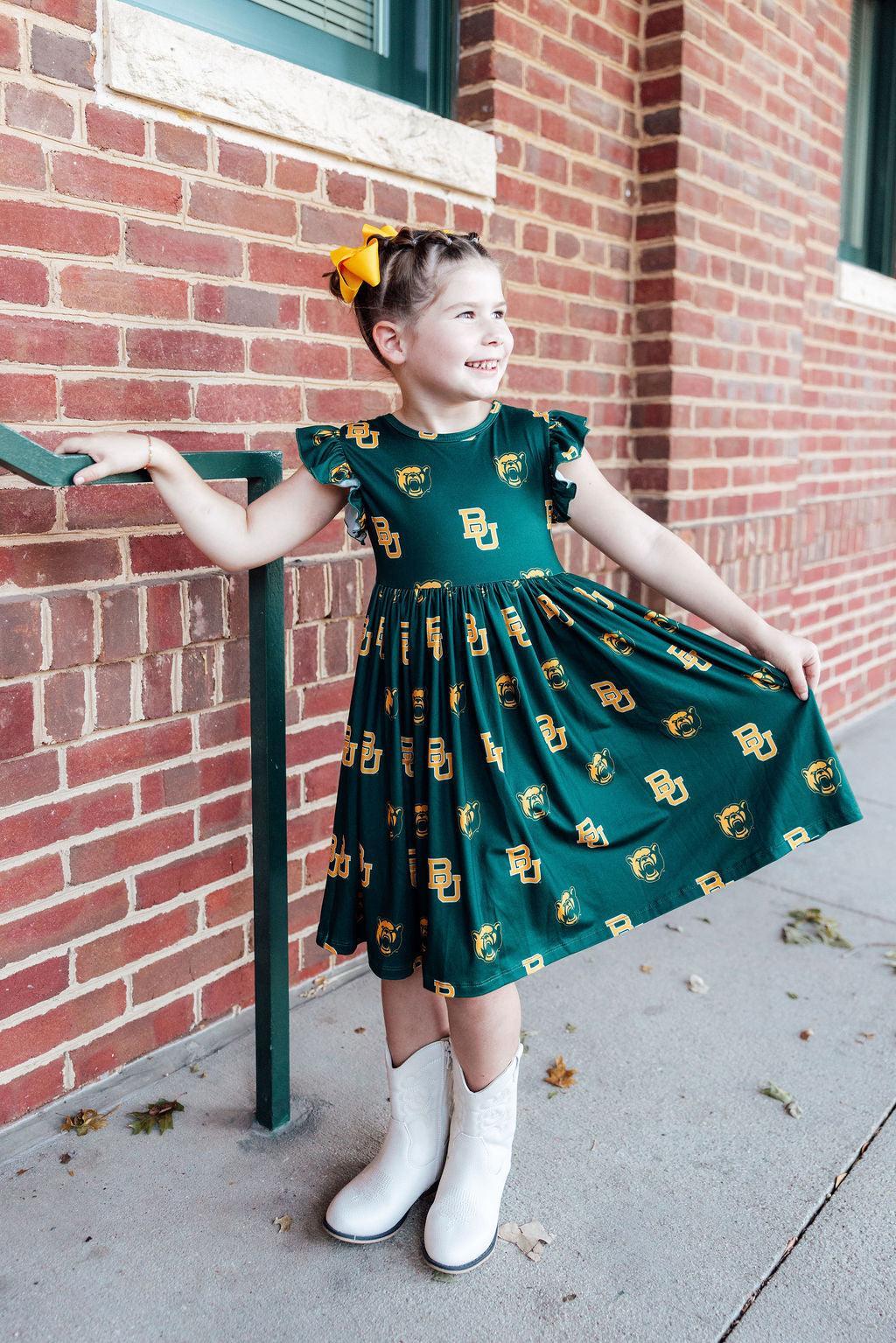 Baylor Green Bear Flutter Twirl Dress