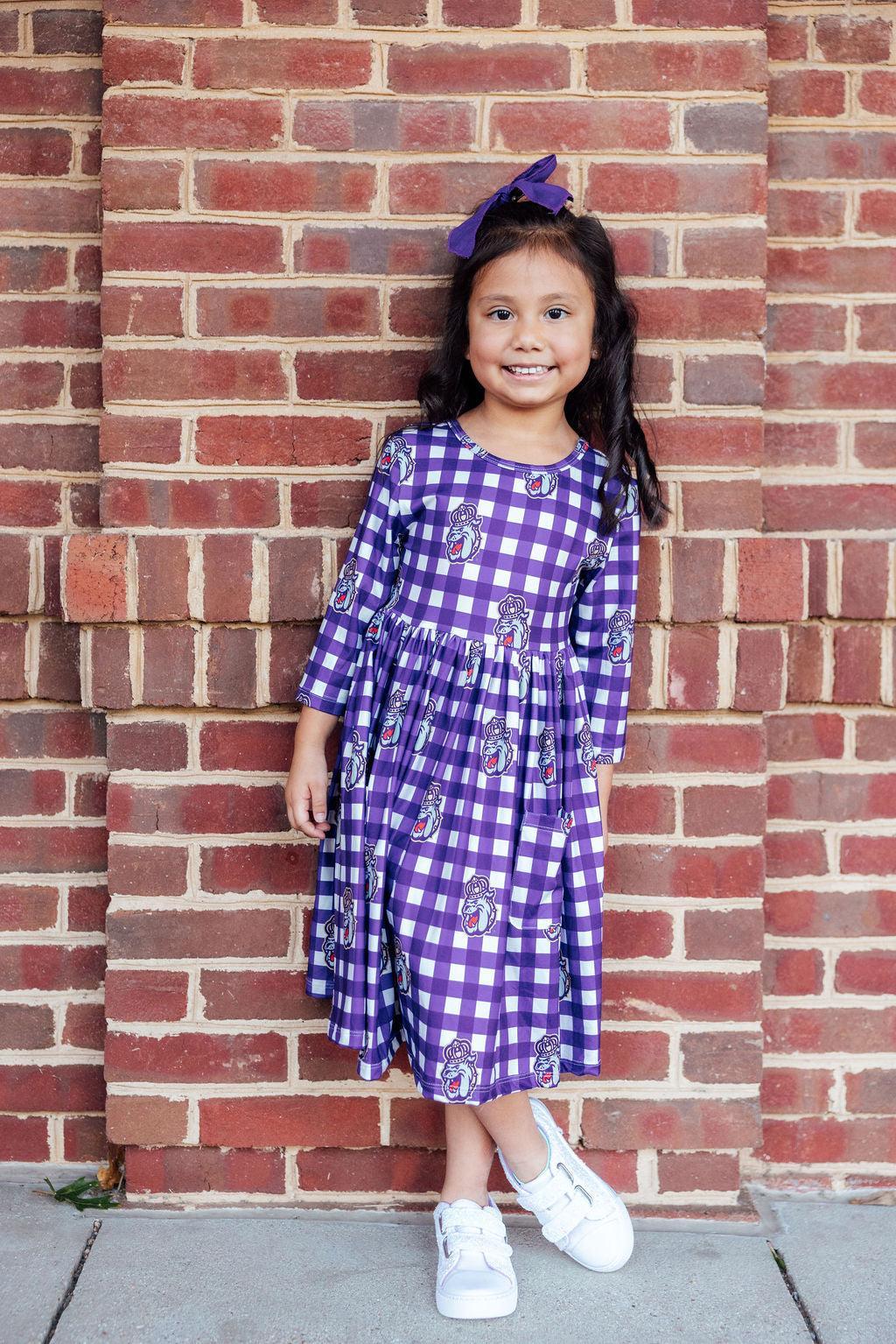 JMU Plaid Duke Dog 3/4 Sleeve Pocket Twirl Dress