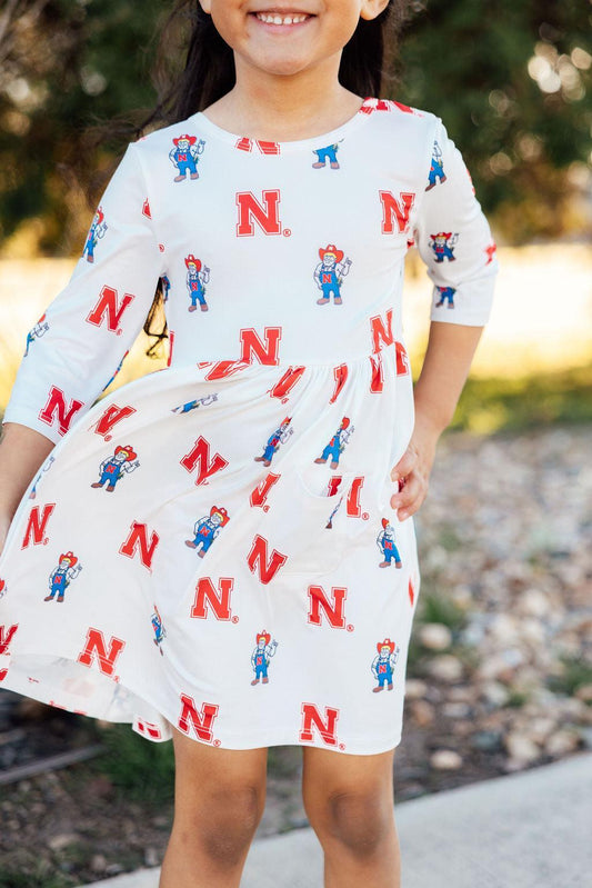 Nebraska White Herbie Husker 3/4 Sleeve Pocket Twirl Dress