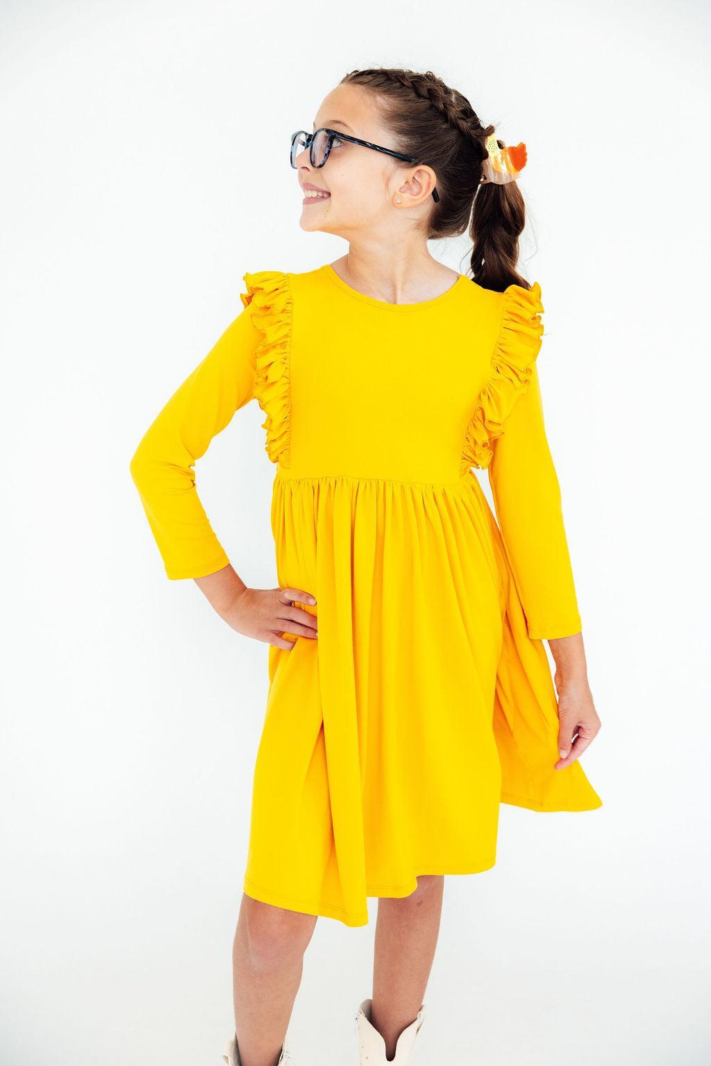 Mustard L/S Ruffle Twirl Dress  Fashion Flare Boutique
