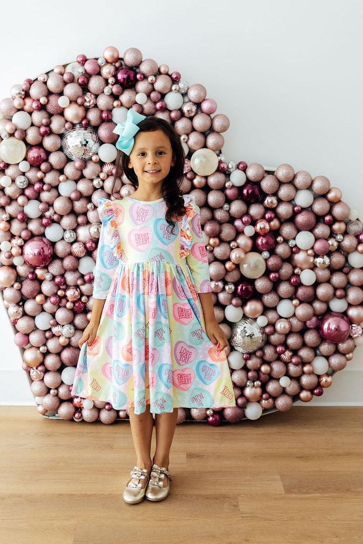 Conversation Hearts 3/4 Sleeve Ruffle Twirl Dress