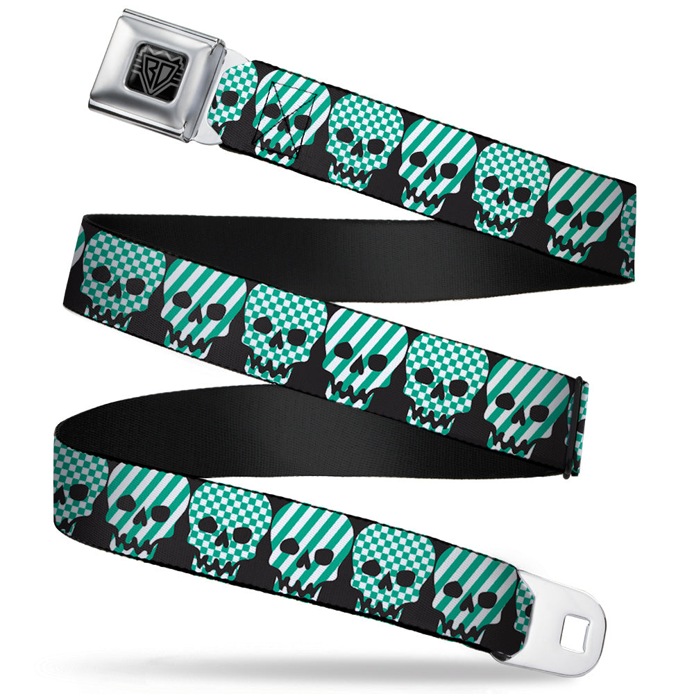 BD Wings Logo CLOSE-UP Full Color Black Silver Seatbelt Belt - Checker & Stripe Skulls Black/White/Green Webbing