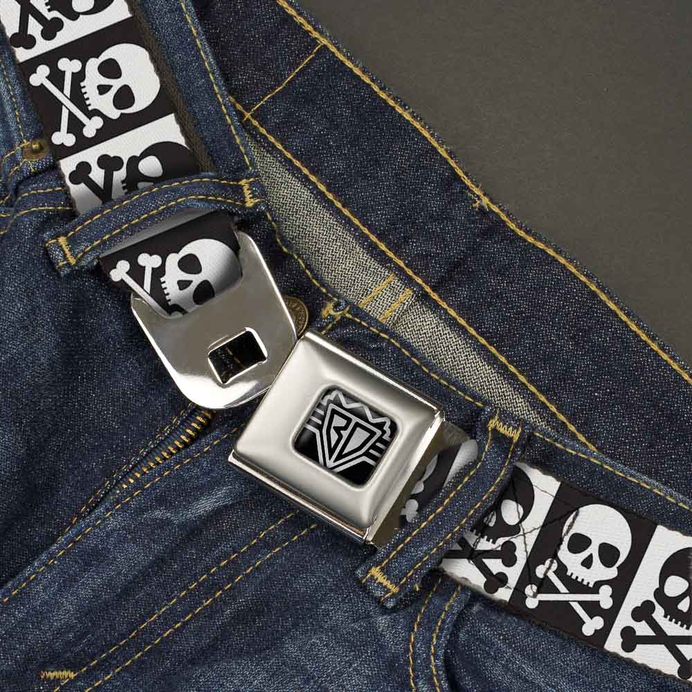BD Wings Logo CLOSE-UP Full Color Black Silver Seatbelt Belt - Skull & Cross Bones Blocks Black/White White/Black Webbing