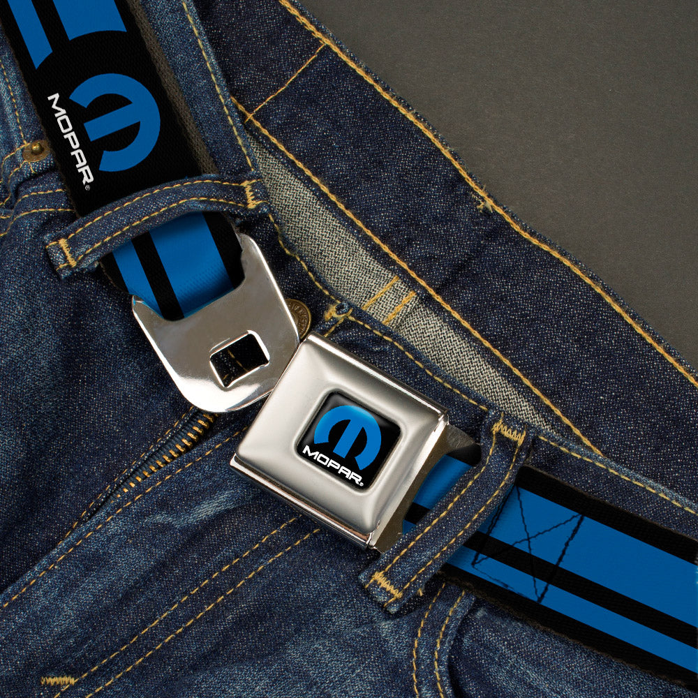 MOPAR Logo Full Color Black Blue White Seatbelt Belt - MOPAR Logo/Stripe Black/Blue Webbing