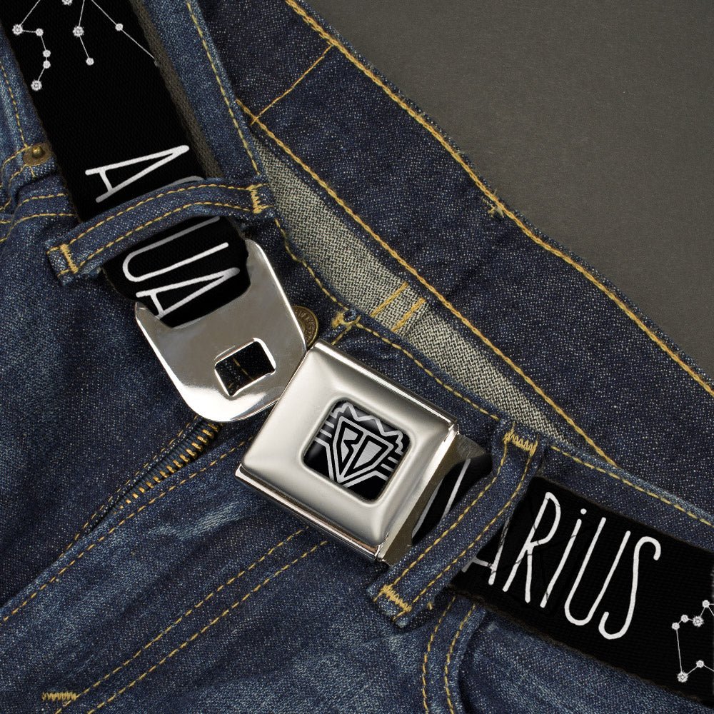 BD Wings Logo CLOSE-UP Full Color Black Silver Seatbelt Belt - Zodiac AQUARIUS/Constellation Black/White Webbing