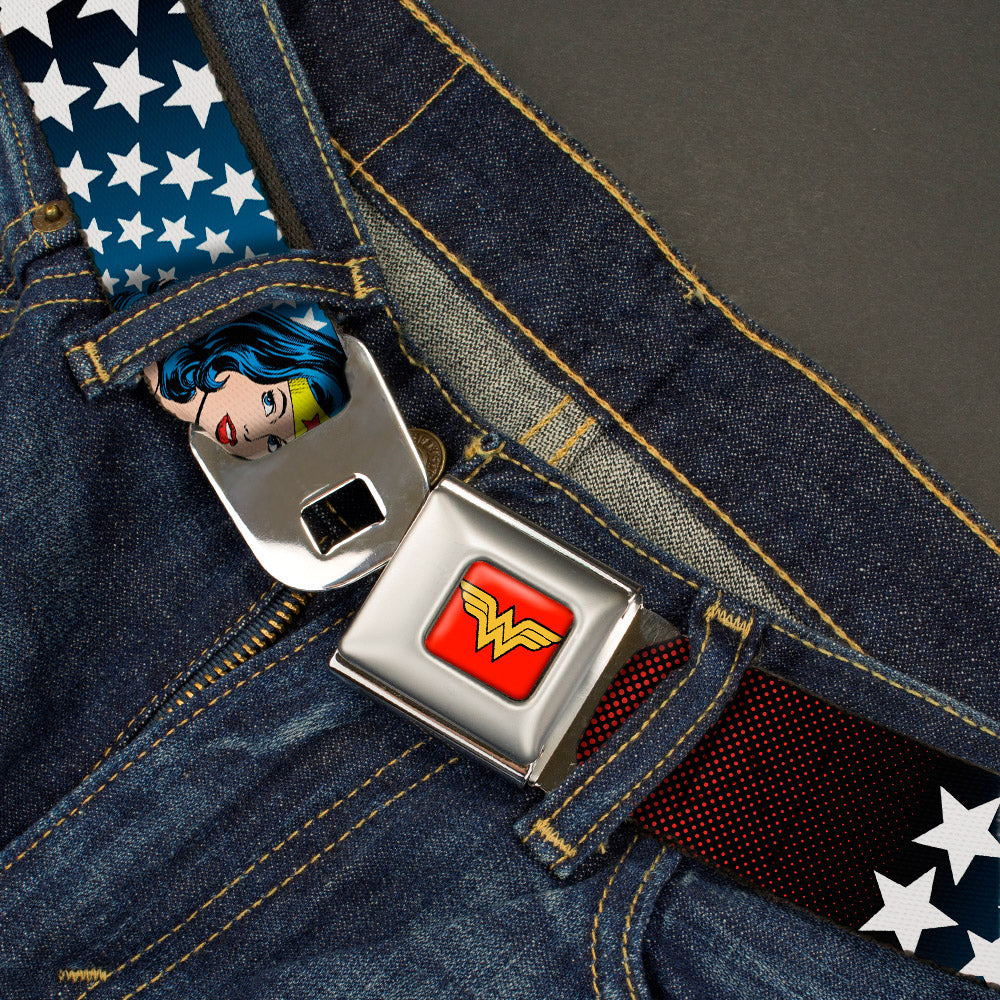 Wonder Woman Logo Full Color Red Seatbelt Belt - Wonder Woman Face w/Stars Webbing