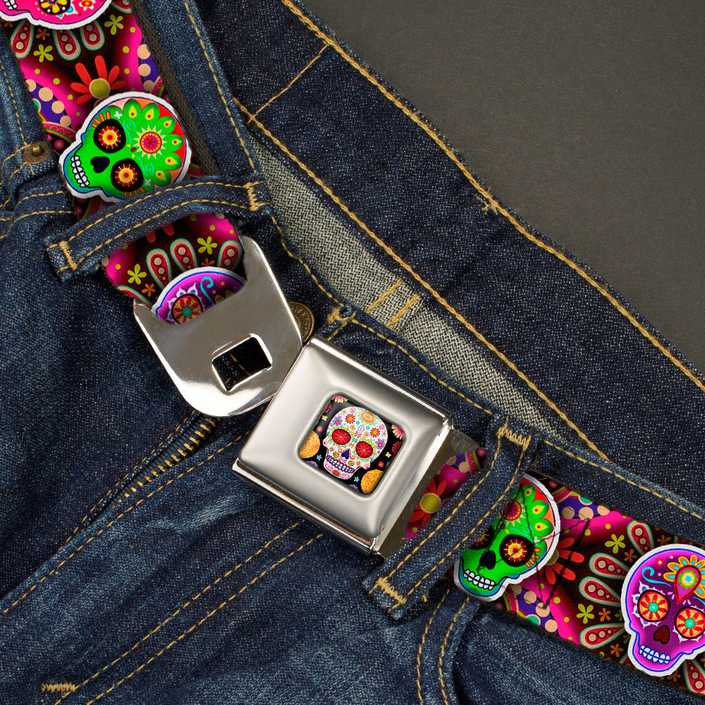 Sugar Skull Starburst Full Color Black/Multi Color Seatbelt Belt - Six Sugar Skulls Multi Color Webbing