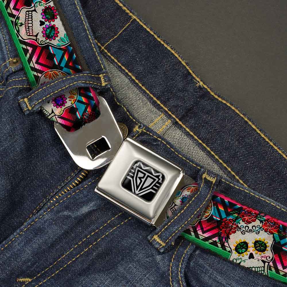 BD Wings Logo CLOSE-UP Full Color Black Silver Seatbelt Belt - Sugar Skulls Zarape Multi Color Webbing