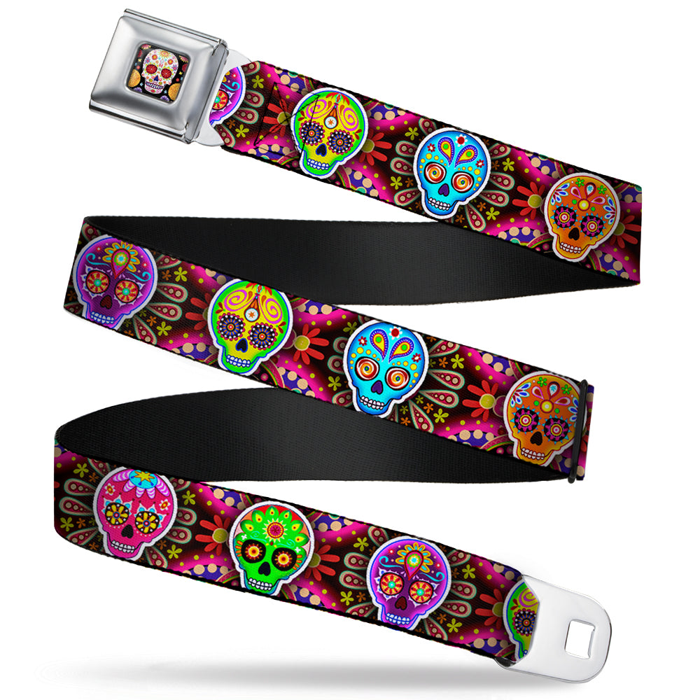 Sugar Skull Starburst Full Color Black/Multi Color Seatbelt Belt - Six Sugar Skulls Multi Color Webbing