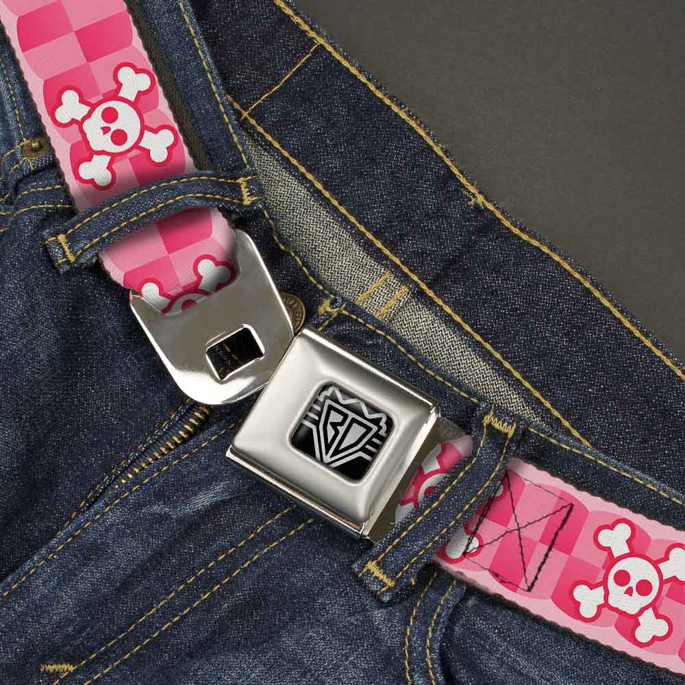 BD Wings Logo CLOSE-UP Full Color Black Silver Seatbelt Belt - Cute Skulls w/Checkers Pinks/White Webbing