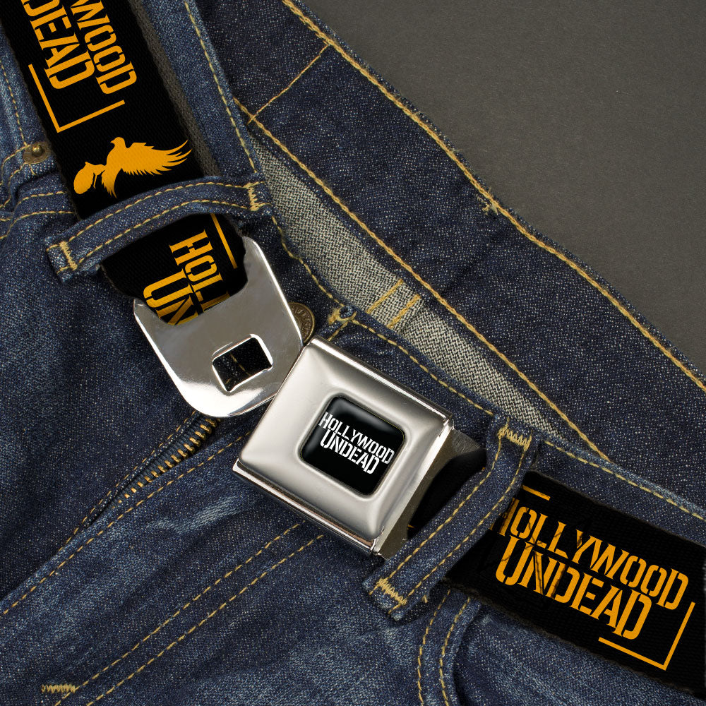 HOLLYWOOD UNDEAD Text Logo Full Color Black/White Seatbelt Belt - HOLLYWOOD UNDEAD Text Logo/Dove & Grenade Icon Black/Gold Webbing