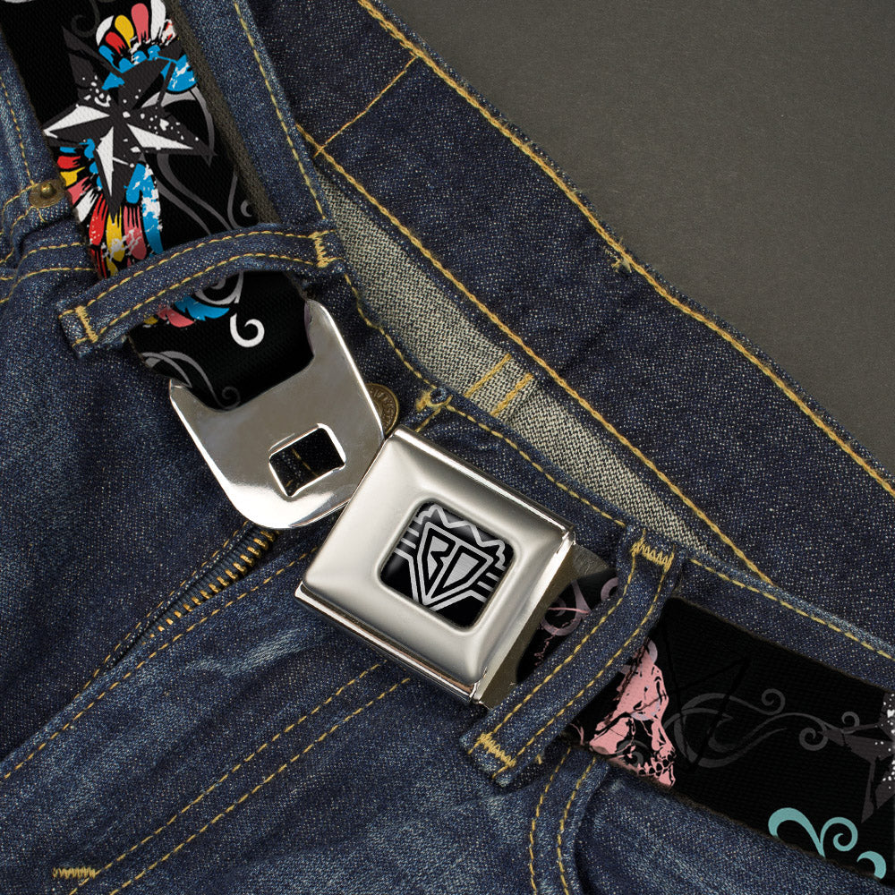 BD Wings Logo CLOSE-UP Full Color Black Silver Seatbelt Belt - Die Hard Skulls & Stars2 Black/Multi Color Webbing
