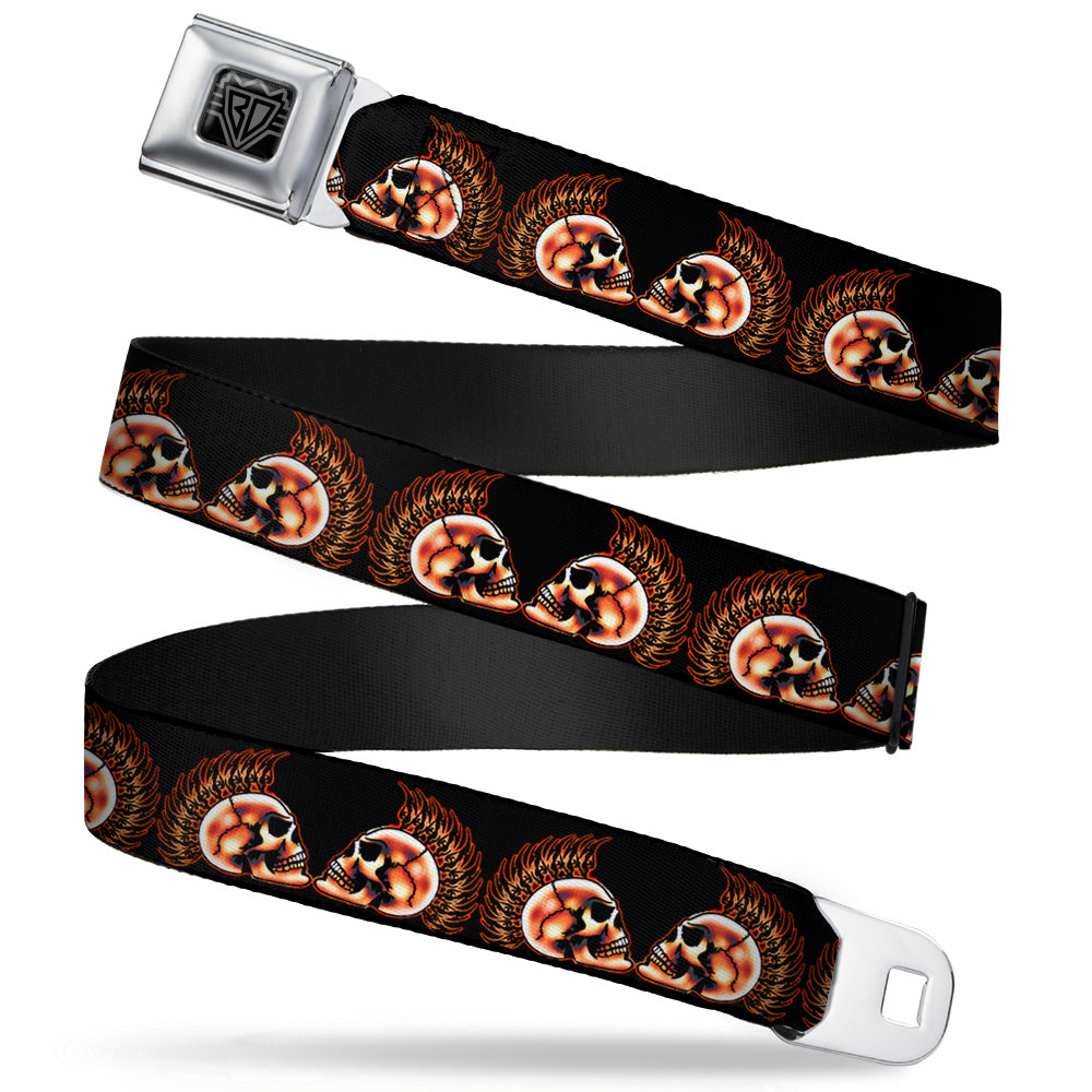BD Wings Logo CLOSE-UP Full Color Black Silver Seatbelt Belt - Mohawk Skulls - NO Star Webbing