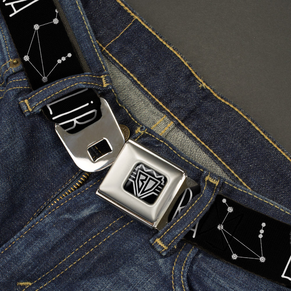 BD Wings Logo CLOSE-UP Full Color Black Silver Seatbelt Belt - Zodiac LIBRA/Constellation Black/White Webbing