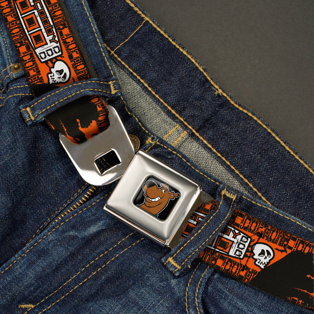 Scooby Doo Face Full Color Black Seatbelt Belt - SCOOBY DOO Running Chase Orange/Black/White Webbing