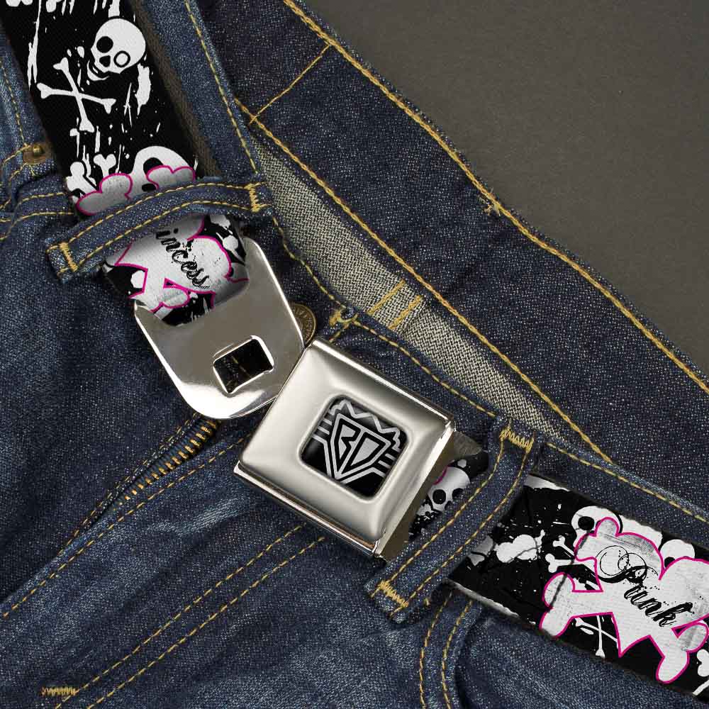 BD Wings Logo CLOSE-UP Full Color Black Silver Seatbelt Belt - Punk Princess Heart & Cross Bones w/Skulls & Splatter Black/White Webbing