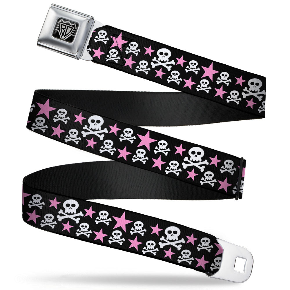 BD Wings Logo CLOSE-UP Full Color Black Silver Seatbelt Belt - Skulls & Stars Black/White/Pink Webbing