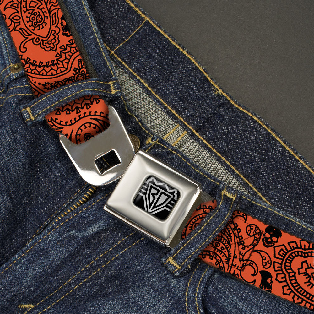 BD Wings Logo CLOSE-UP Full Color Black Silver Seatbelt Belt - Bandana/Skulls Orange/Black Webbing