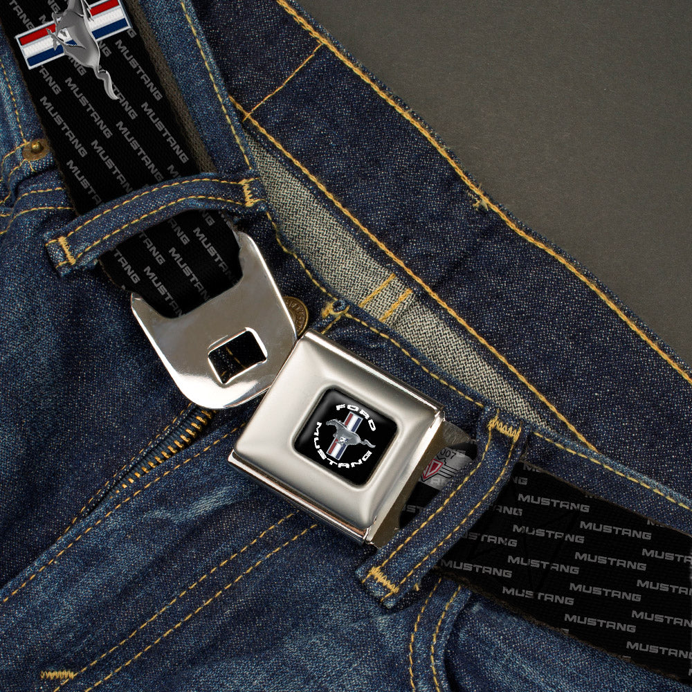 FORD MUSTANG Tri-Bar Logo Full Color Black White Silver Red Blue Seatbelt Belt - Ford Mustang w/Bars REPEAT w/Text Webbing