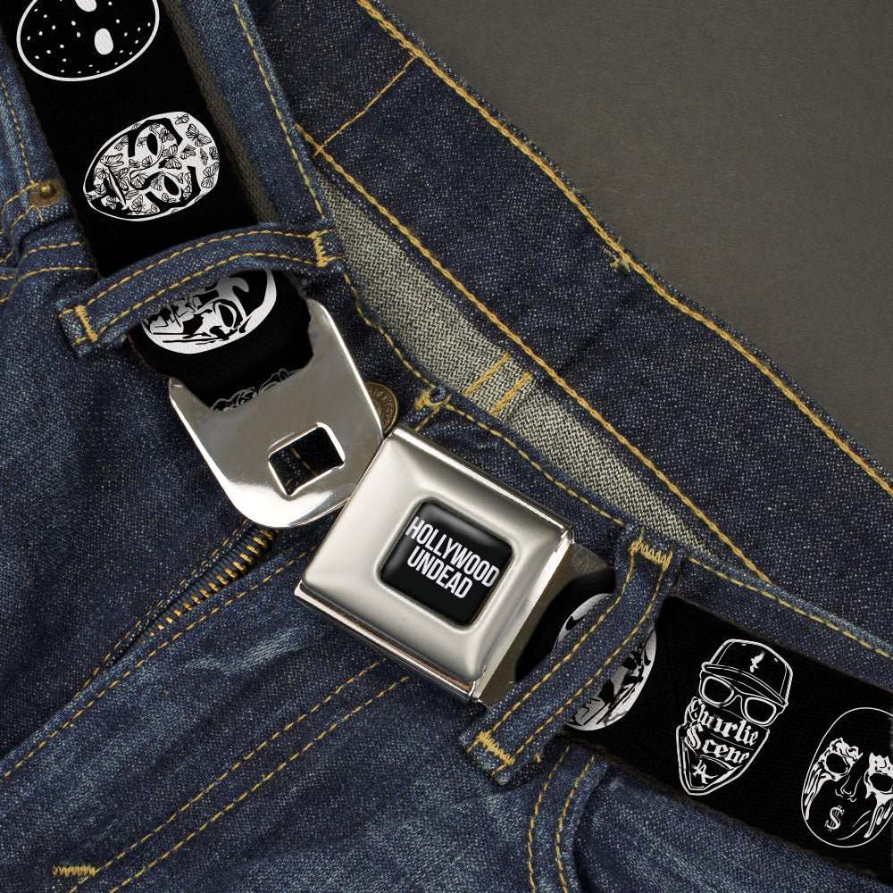 HOLLYWOOD UNDEAD Text Logo Full Color Black/White Seatbelt Belt - Hollywood Undead Mask Icons Scattered Black/White Webbing