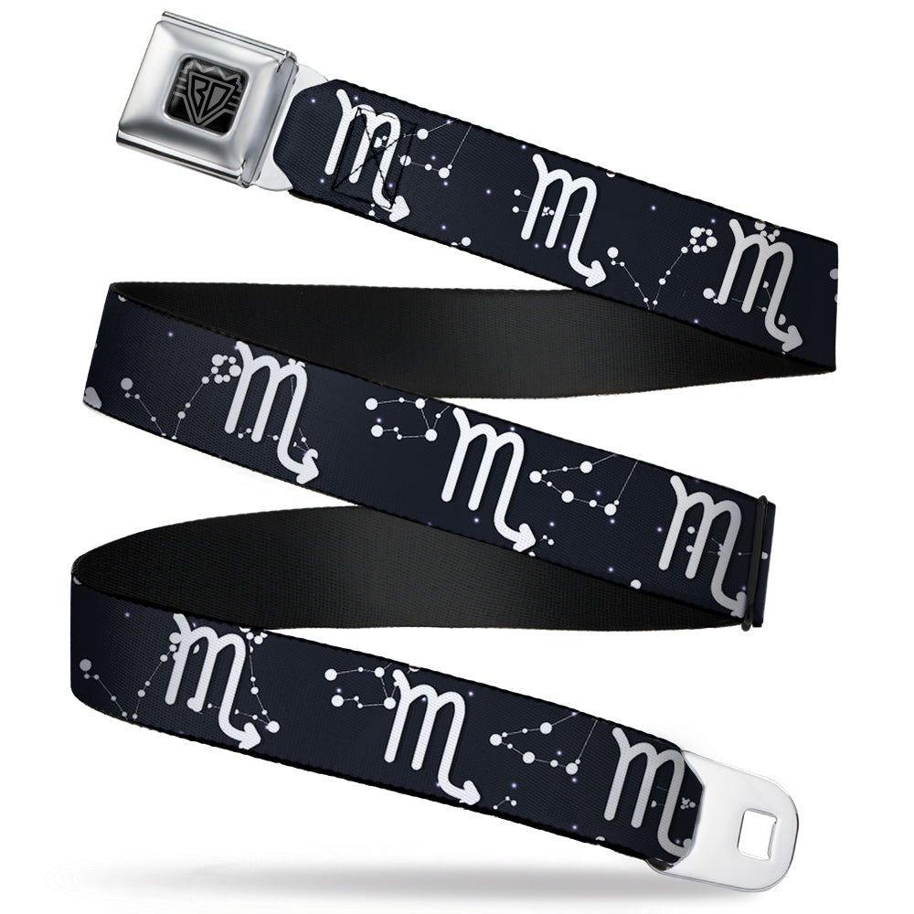 BD Wings Logo CLOSE-UP Full Color Black Silver Seatbelt Belt - Zodiac Scorpio Symbol/Constellations Black/White Webbing
