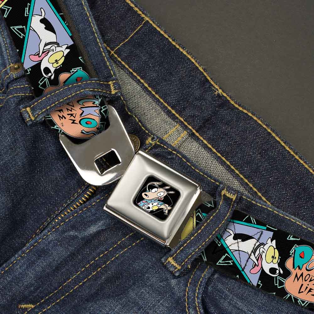Rocko & Spunky Pose Full Color Black Seatbelt Belt - ROCKO'S MODERN LIFE Character Portraits/Triangles Black/Blue Webbing