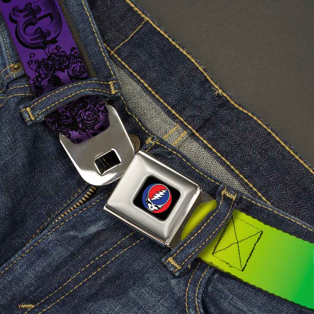 Steal Your Face Seatbelt Belt - Grateful Dead Text w/Skull & Roses Rainbow Fade Webbing