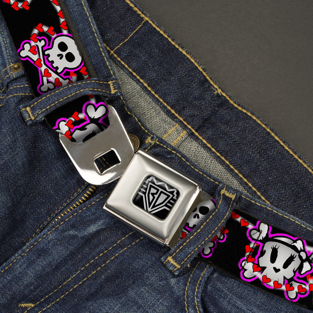 BD Wings Logo CLOSE-UP Full Color Black Silver Seatbelt Belt - Cute Skulls w/Hearts Webbing