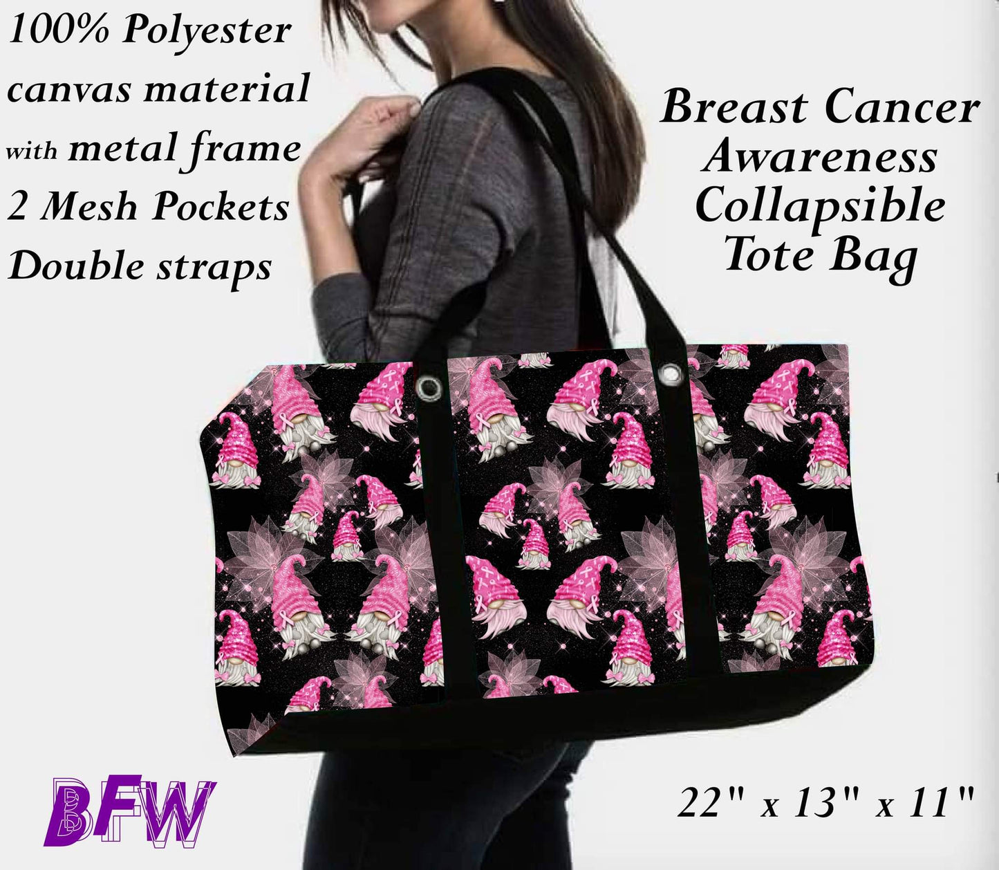 Breast Cancer Awareness large collapsible tote and 2 inside mesh pockets