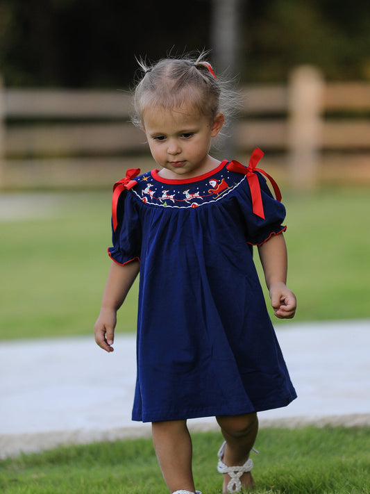 Christmas Holiday Celebration Dress: Navy with Santa Sleigh