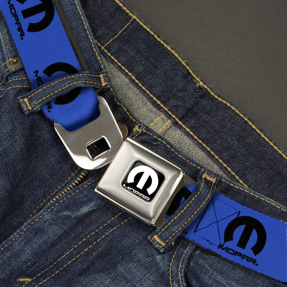 MOPAR Logo Full Color Black/White Seatbelt Belt - MOPAR Logo Repeat Blue/Black Webbing