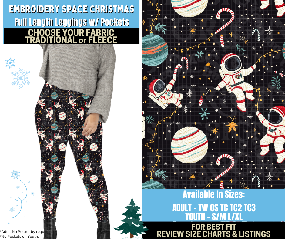 Preorder! Closes 8/28. ETA Nov. Embroidery Space Christmas Leggings Choose Fleece or Traditional