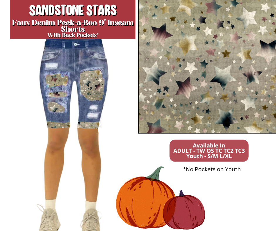 Preorder! Closes 6/30. ETA Sept. Sandstorm Stars Faux Denim Peekaboo Jamaica Shorts