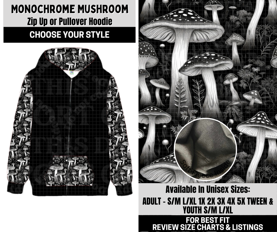 Preorder! Closes 10/6. ETA Dec. Monochrome Mushroom Zip-Up or Pullover Hoodie