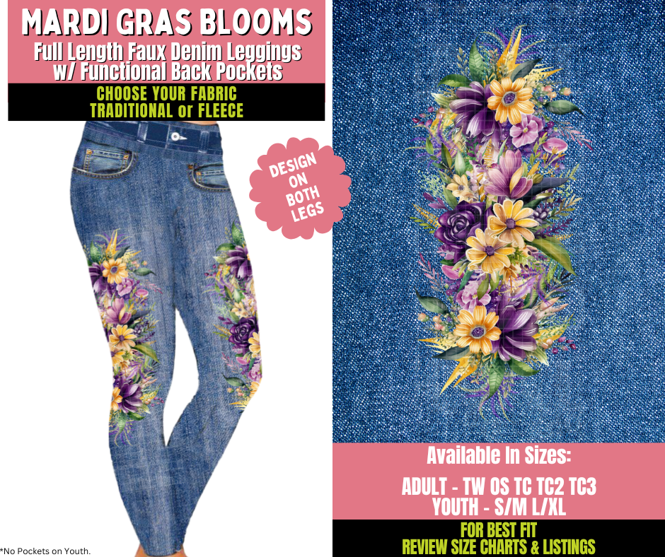 Preorder! Closes 11/20. ETA Jan. Mardi Gras Blooms Faux Denim Leggings w/ Side Leg Designs Choose Fleece or Traditional