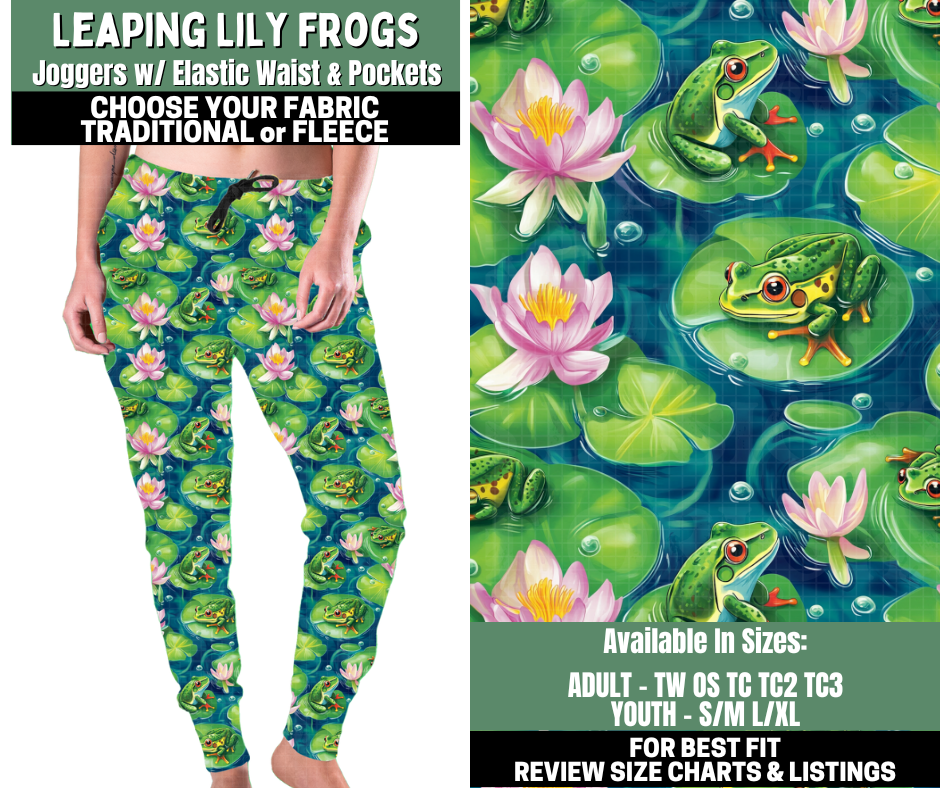 Preorder! Closes 12/4. ETA Feb. Leaping Lily Frogs Joggers Choose Fleece or Traditional