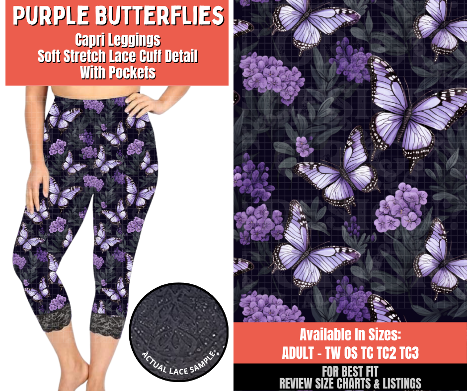 Preorder! Closes 5/18. ETA Aug. Purple Butterflies Lace Cuff Capris w/ Pockets