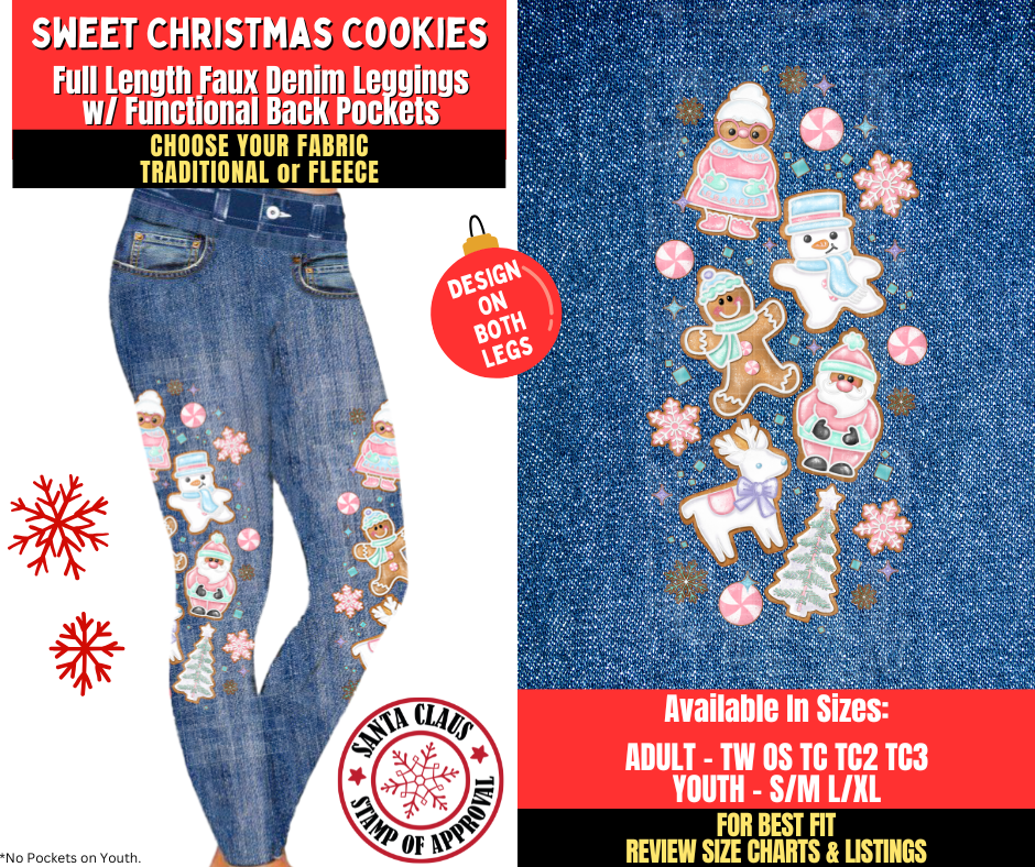 Preorder! Closes 8/27. ETA Nov. Sweet Christmas Cookies Faux Denim Leggings w/ Side Leg Designs Choose Fleece or Traditional