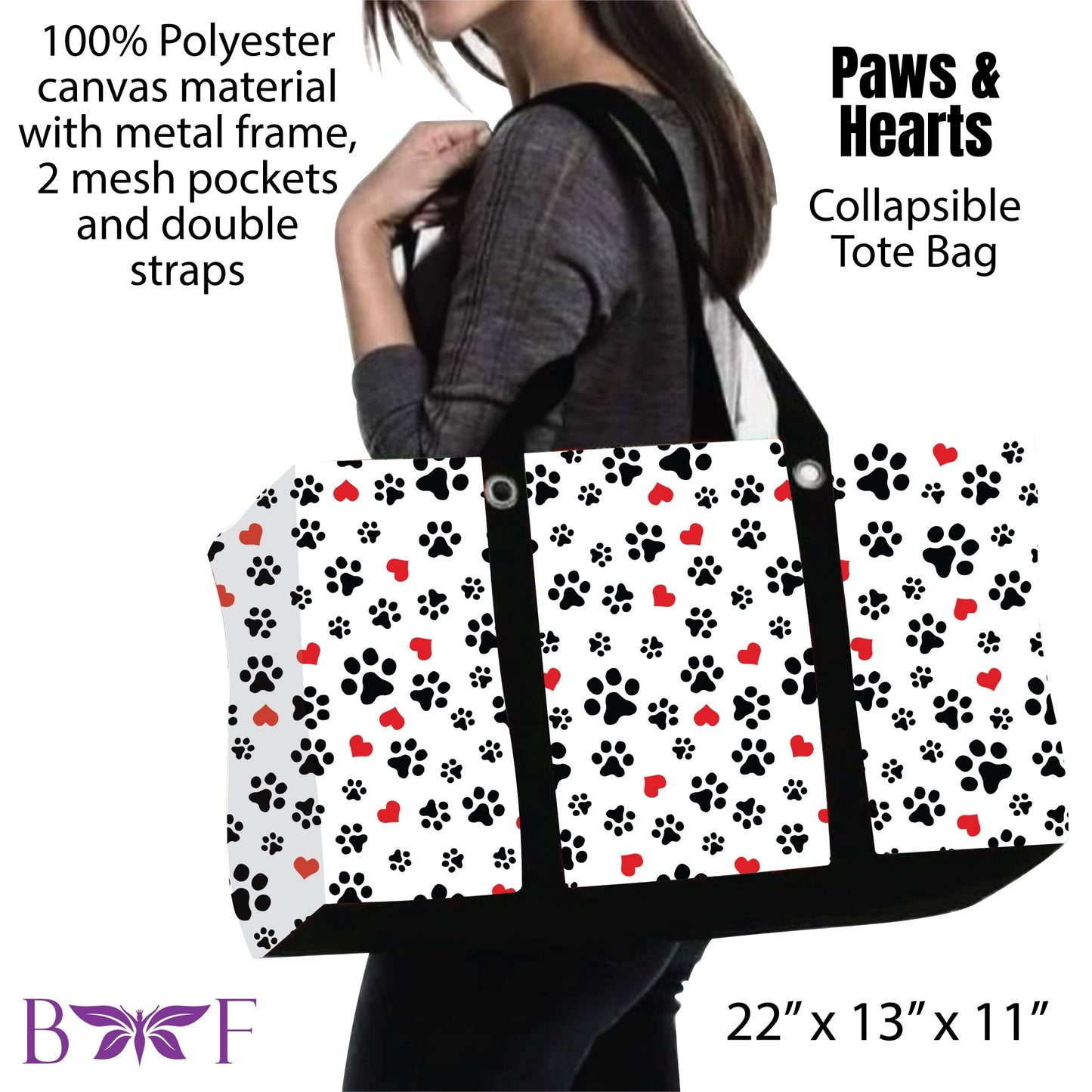 Paws & Hearts Collapsible tote and 2 inside mesh pockets